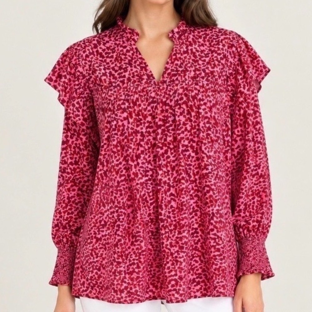 Rungolee Silk Long Sleeve Crepe Ruffle Smocked Junglemania Top Blouse Pink Red M